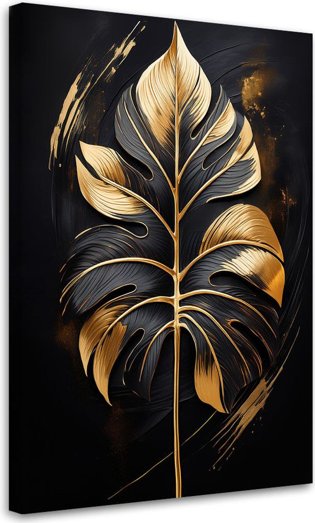 Leinwandbild Schwarzes und goldenes Monstera-Blatt 40x60 Feeby Gold bild für die wand bereit zum aufhängen