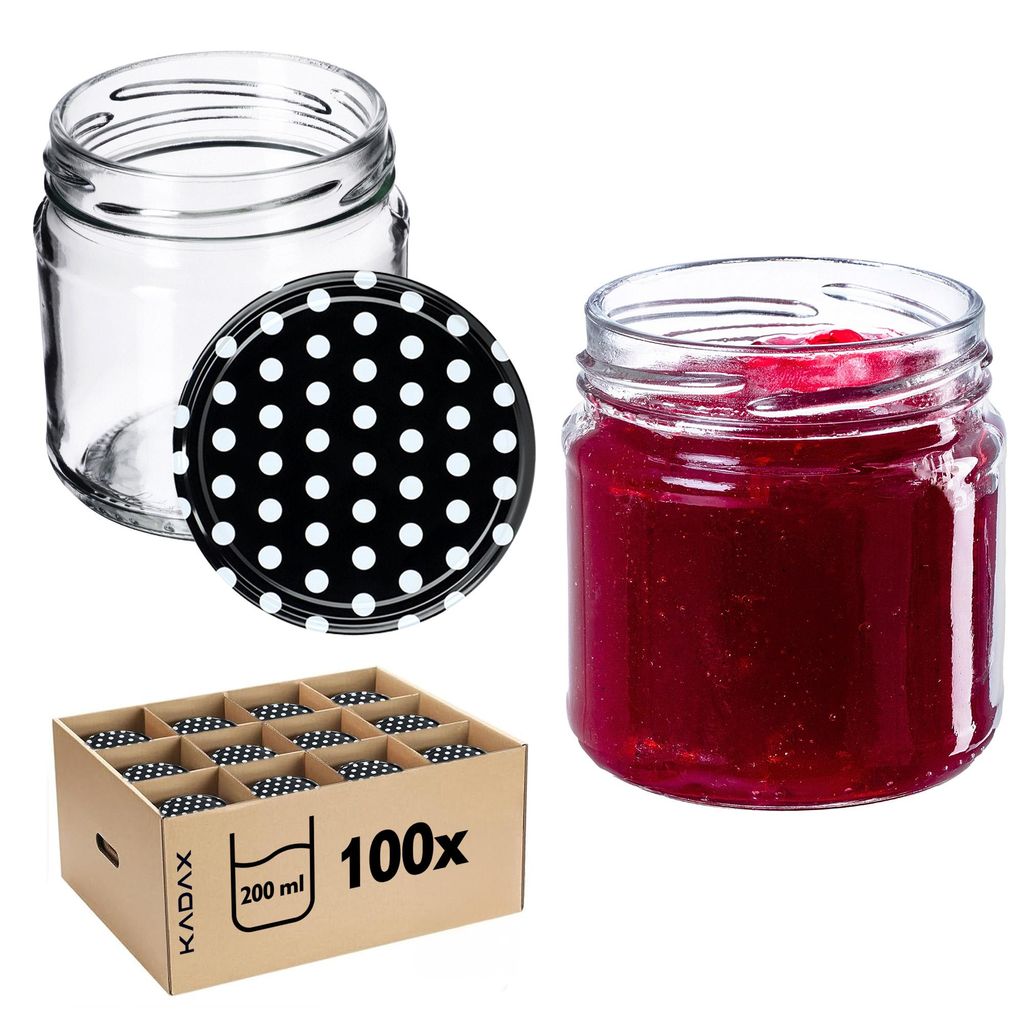 KADAX Einmachgläser mit Deckel "Lerma", Einweckgläser, 200 ml, 100 Stück, schwarzer Deckel mit Erbsenmuster