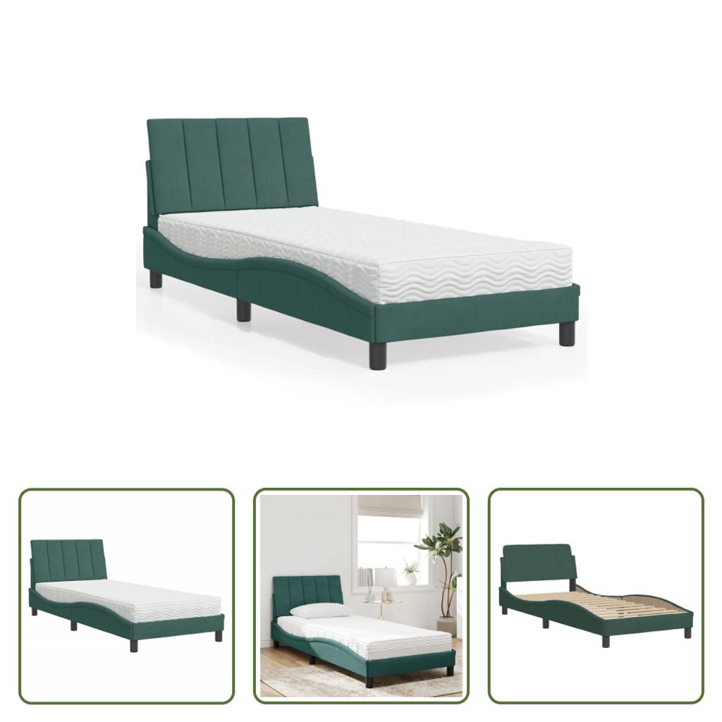 The Living Store Bett mit Matratze Dunkelgrün 80x200 cm Samt