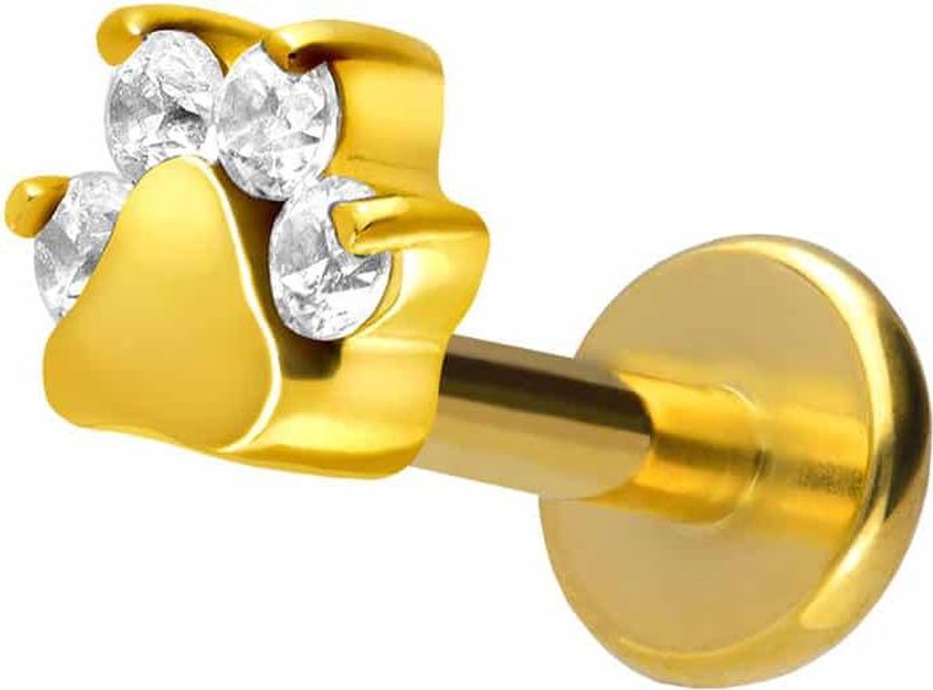 Ohrpiercing, Nasenpiercing Titan Labret mit Innengewinde KRISTALLPFOTE Gold Stablänge: 8mm | Stabstärke: 1,2mm