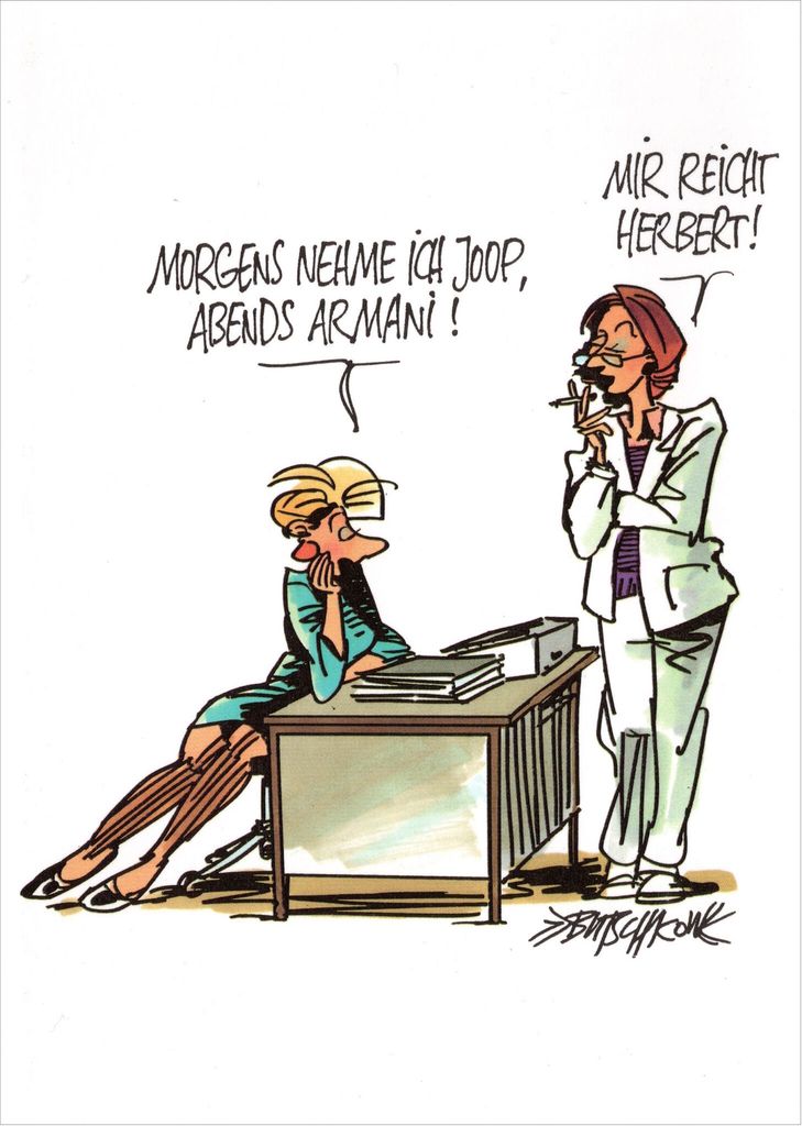 Cartoon-Postkarte Peter Butschkow "Morgens nehme ich Joop, abends Armani!"