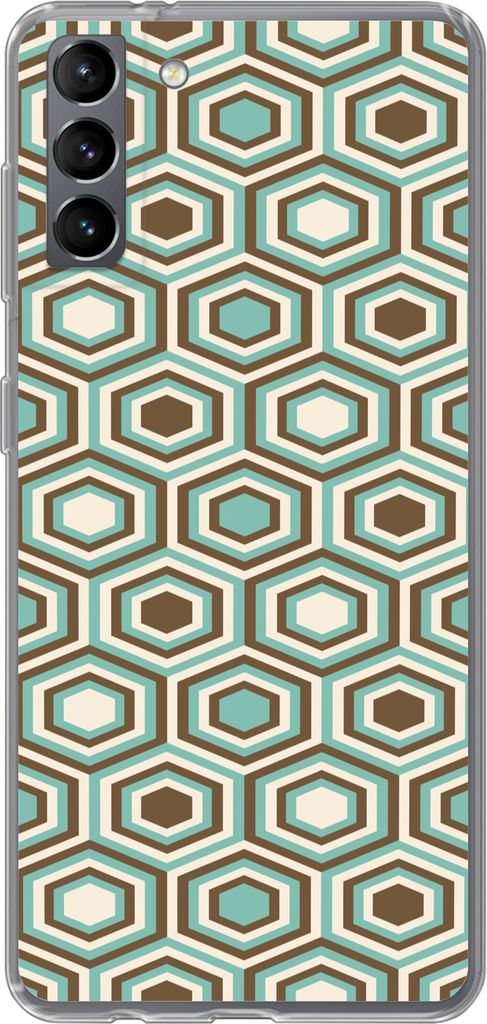 MuchoWow Handyhülle Schutzhülle Hülle für Telefoonhoesje Samsung Galaxy S21 Plus Retro - Honigwabe - Blau - Braun Silikon Softcase Handy Hül...