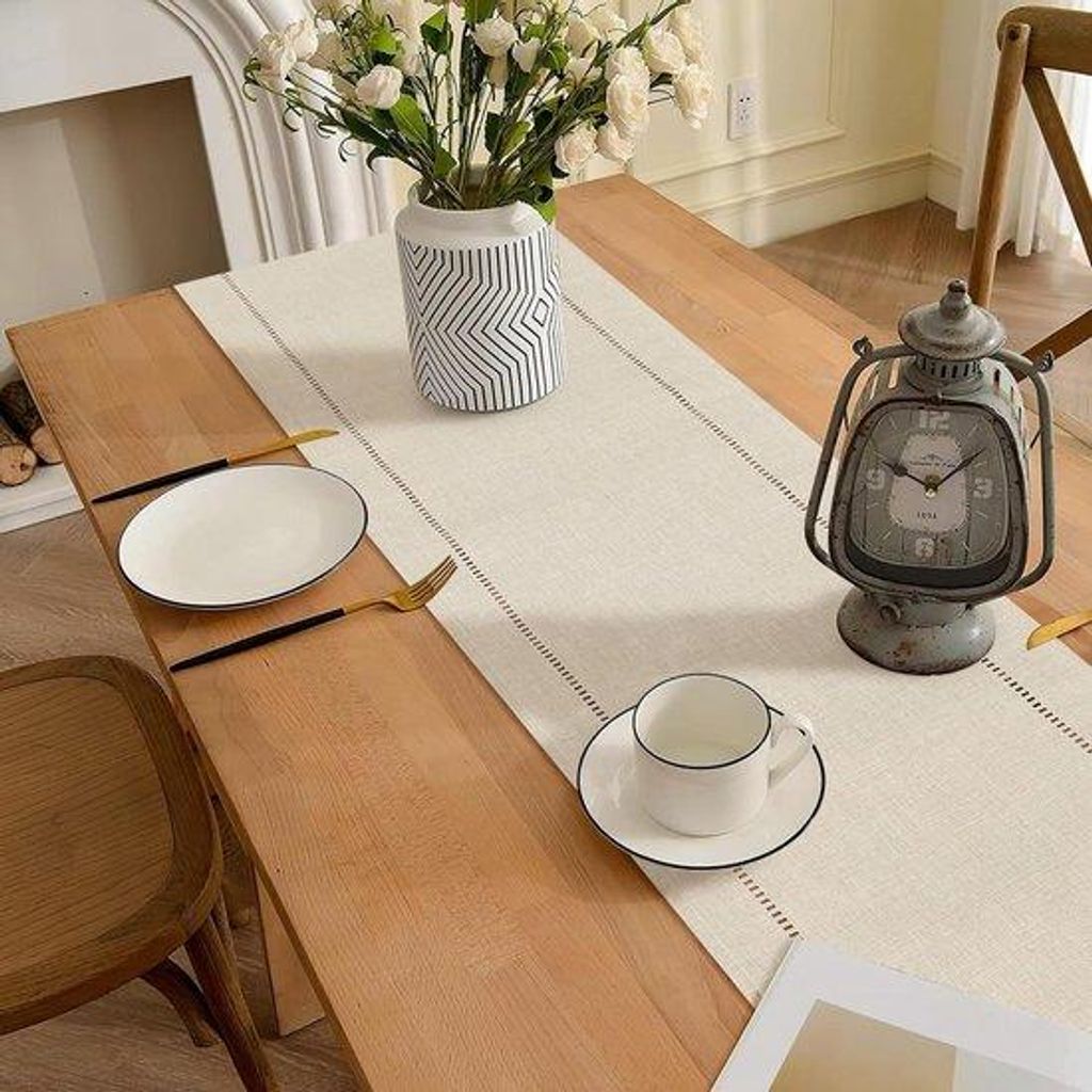 Lange beige linnen tafelloper für moderne Küche und Esszimmer - 94 Zoll lang