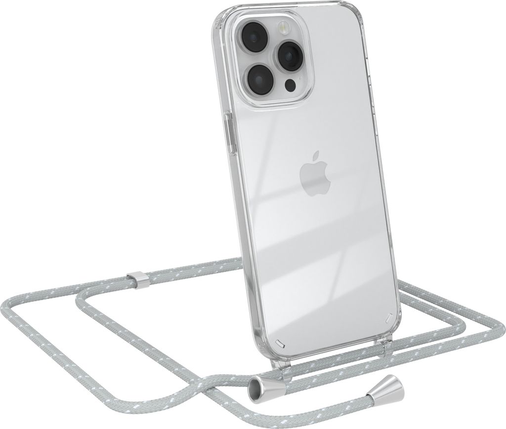 EAZY CASE Handykette kompatibel mit Apple iPhone 14 Pro Max, Handyhülle mit Umhängeband, Handykordel, Schutzhülle Clear, Band in Grau