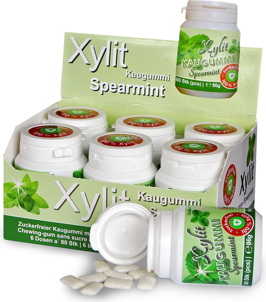 Xylitquelle Zahnpflegekaugummi SPEARMINT | 6 x 80 Stk | 100% Xylit für angenehmen Atem | zuckerfrei, vegan, ohne Aspartam | 480 Kaugummis (6er Pack)