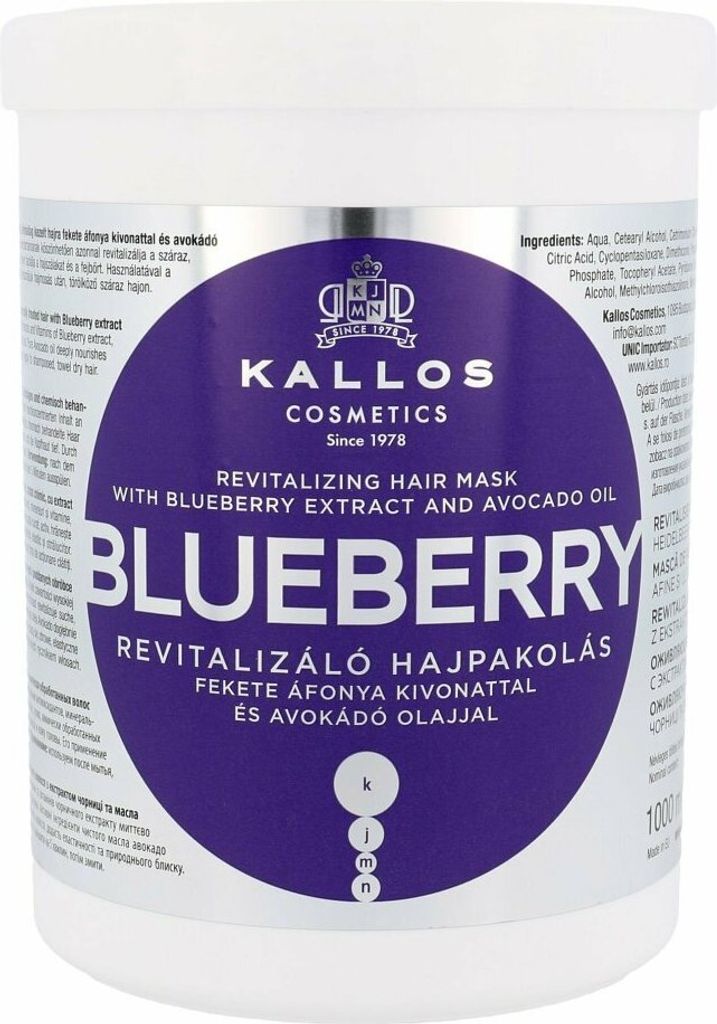 A white tub of Kallos Cosmetics Blueberry Revitalizing Hair Mask.