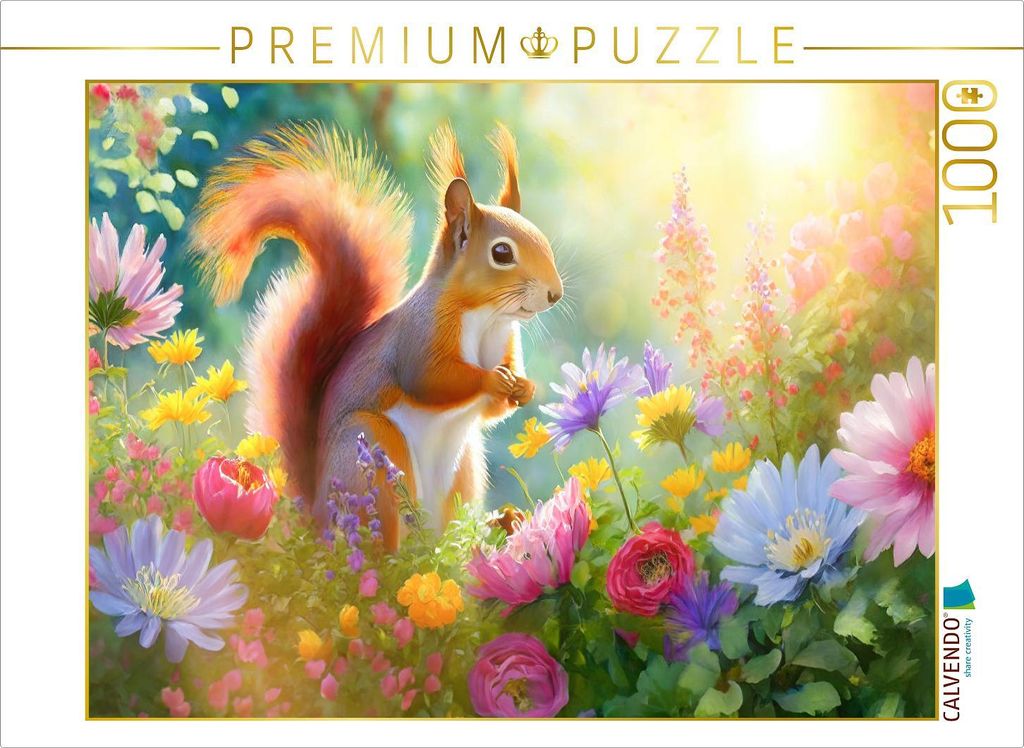 CALVENDO Puzzle Lebensfreude in einem Meer von Blumen: Das muntere Eichhörnchen im Garten | 1000 Teile Lege-Größe 64x48cm Foto-Puzzle für glüc...