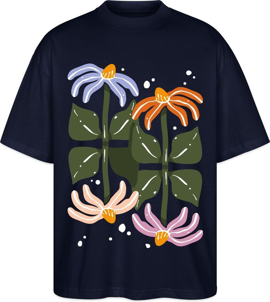 Spreadshirt Bunte Retro Blumen Illustration Im Boho Stil Oversize Uni T-Shirt, S, Navy