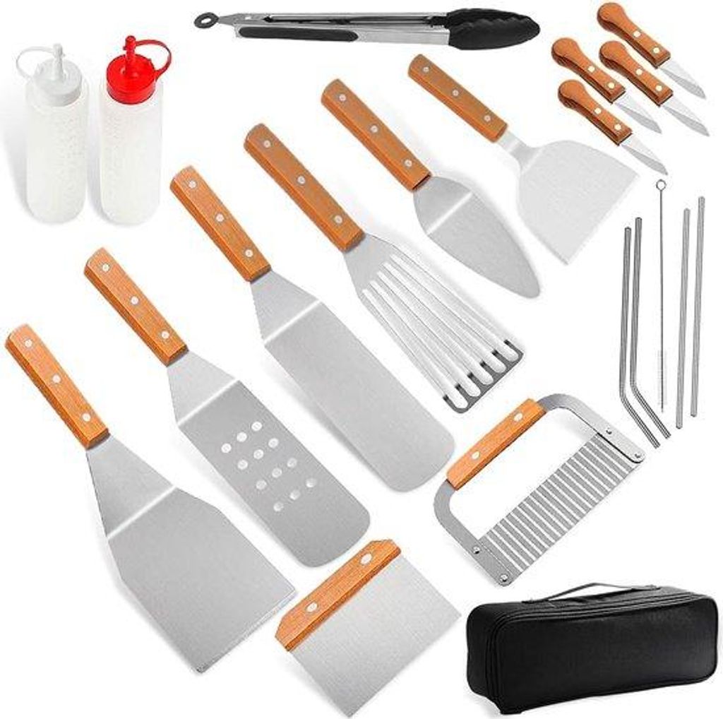 Edelstahl-Grillzubehör-Set, 20-teilig, professionell, mit Spatel und Tragetasche