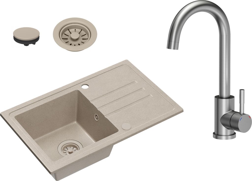 VBChome Spülbecken Granit Beige mit Armatur 70 x 44 cm Einzelbecken Einbauspüle Gesprenkelt Reversibel Granitspüle Beige Siphon Waschbecken Arma...