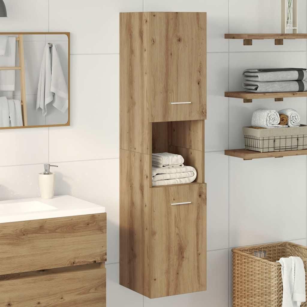 A bathroom cabinet with towels and shelves.