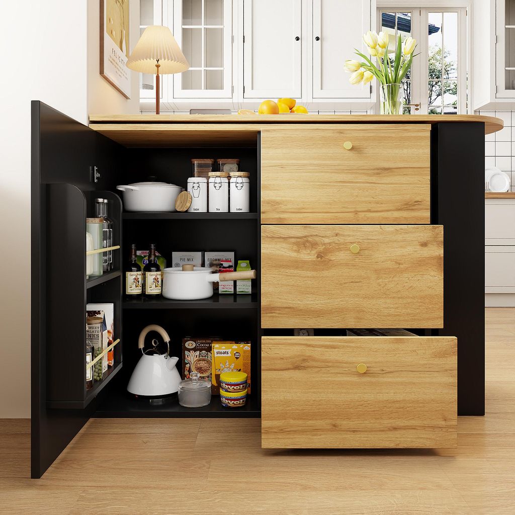 An open cabinet with shelves and drawers, displaying kitchenware and food items.