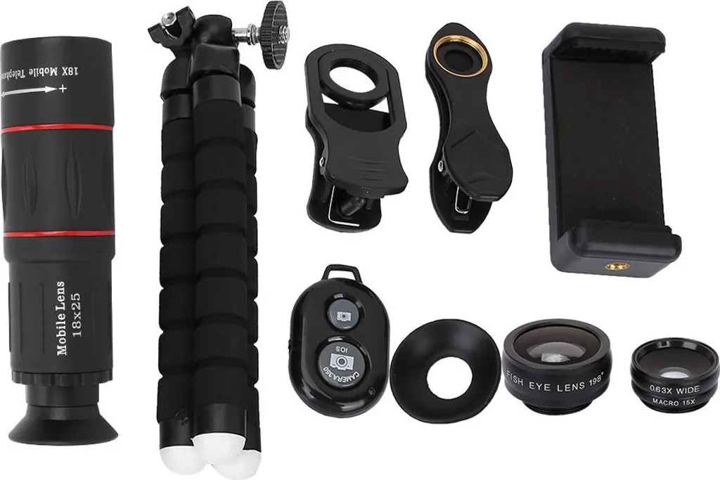 Obiettivo a lunga focalizzazione, lente telefonica nera 18x fisheye Leggero con panno di pulizia per la maggior parte dei telefoni cellulari