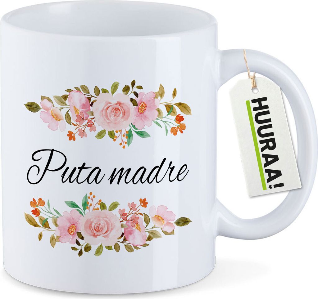 Huuraa Kaffeetasse Puta madre spanisch Blumen 330ml Weiß Keramik Kaffeebecher Geschenkidee