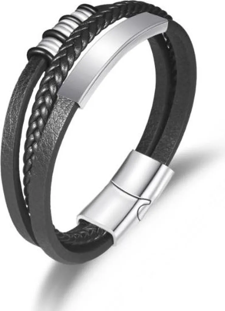 Regalo Uomo Bracciale Pelle Intrecciata Nero Acciaio Inox 21cm Magnetico