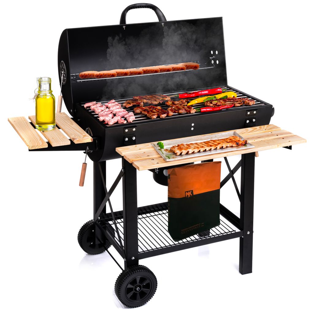 Lehmann Holzkohlengrill mit Grillrost, 2 Holzeinlegeböden, Deckel und Rädern