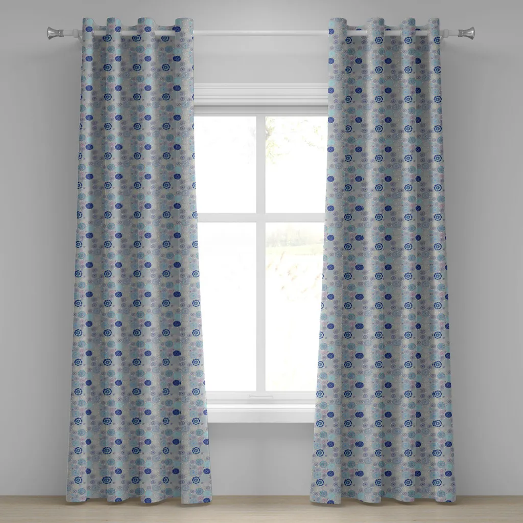 Rideau Motif Flocons et Fleurs Beige et Bleu Aqua en 2 Panneaux