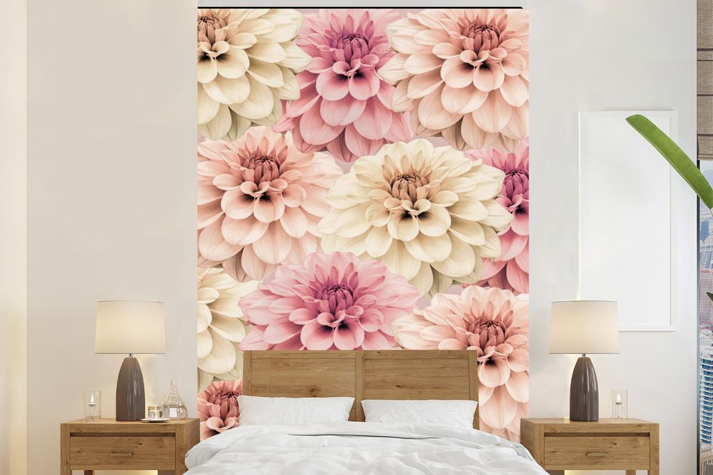 MuchoWow Fototapete für Wohnzimmer oder Schlafzimmer Wandtapete Vinyl Motivtapete Blumen - Rosa - Weiß - Natur - 200x300 cm - Wanddekorationen