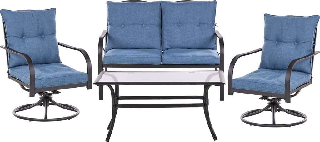 BELIANI Gartensitzgruppe 2-Sitzer Sofa mit Sesseln Schwarzer Metallrahmen Blaue Stoffkissen