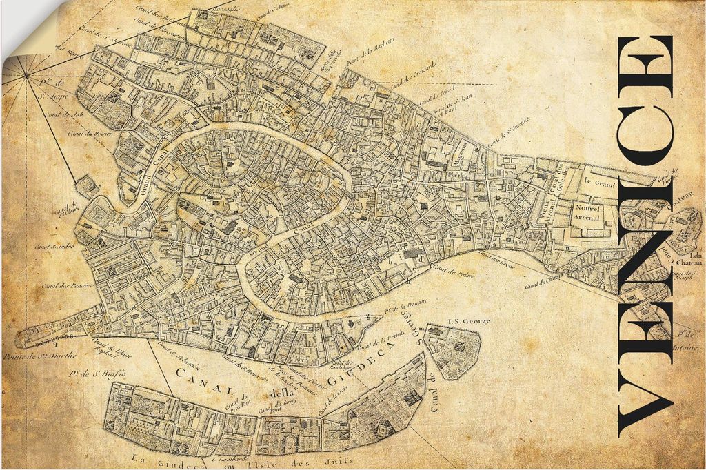 ARTland Wandbild, selbstklebend Venedig Karte Straßen Karte Sepia Größe: 30x20 cm