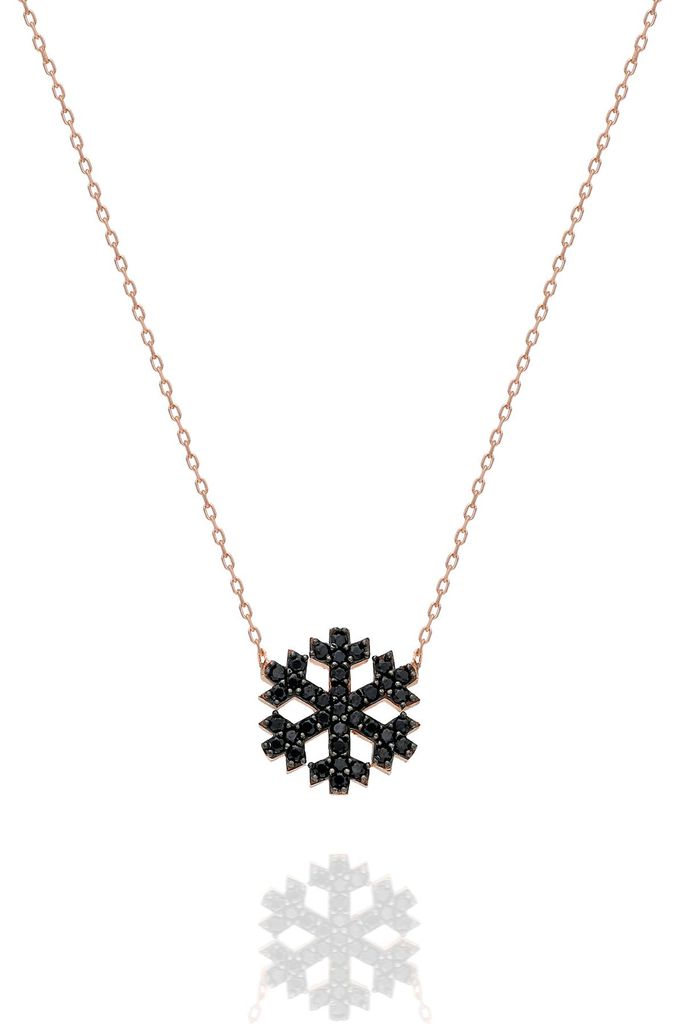 925 Silber Schneeflocke Kette Rosegold – Elegante Halskette mit schwarzen Zirkonia