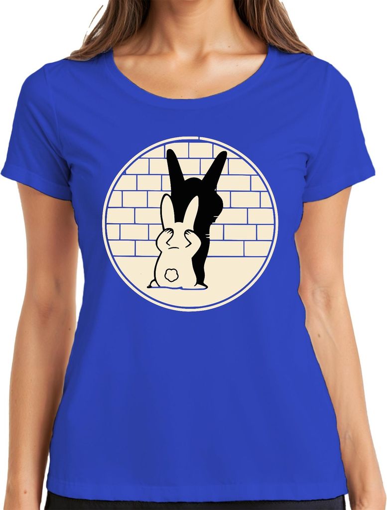 Suesser Hase mit Schatten Daemon Halloween Cartoon Retro Minimal Damen T-Shirt, Blau, L