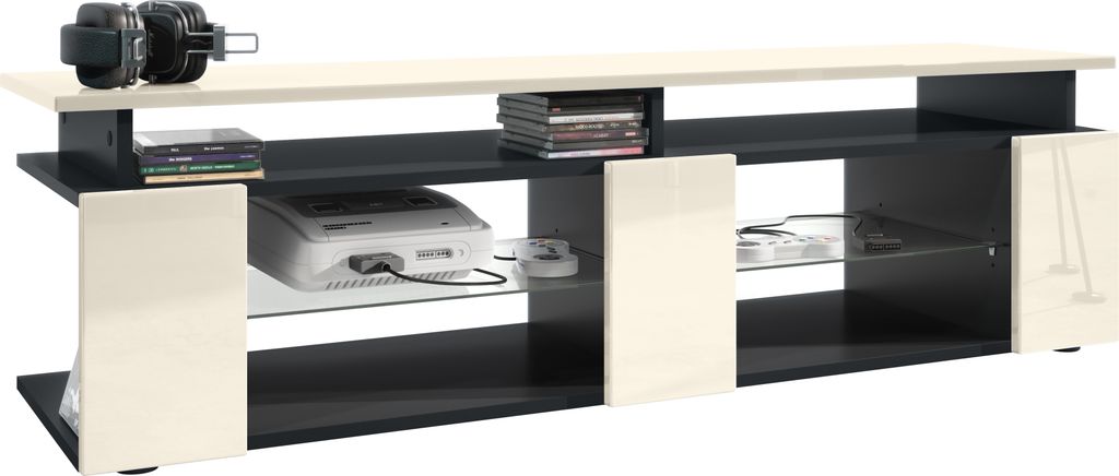Vladon TV Board Movie V2 Game On Lowboard 138,5 x 39 x 39 cm , Korpus in Schwarz matt, Fronten in Creme Hochglanz