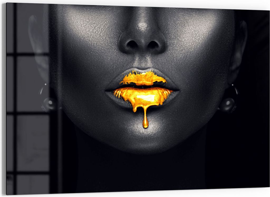 DEQORI Magnettafel Glas 90x60 cm 'Goldbedeckte Lippen' beschreibbar Whiteboard