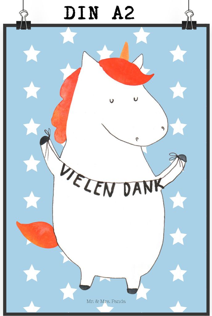 Mr. & Mrs. Panda Bild Einhorn Dankeschön DIN A2 - Blau Pastell - Geschenk, Danke, Kunstdruck, Einhörner, wanddeko, drucke, Danksagung, Plakat, Un...
