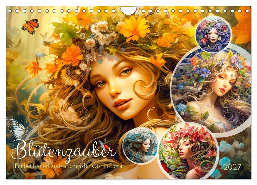 Blütenzauber - Farbenfrohe Illustrationen der Göttin Flora (Wandkalender 2027 DIN A4 quer), CALVENDO Monatskalender