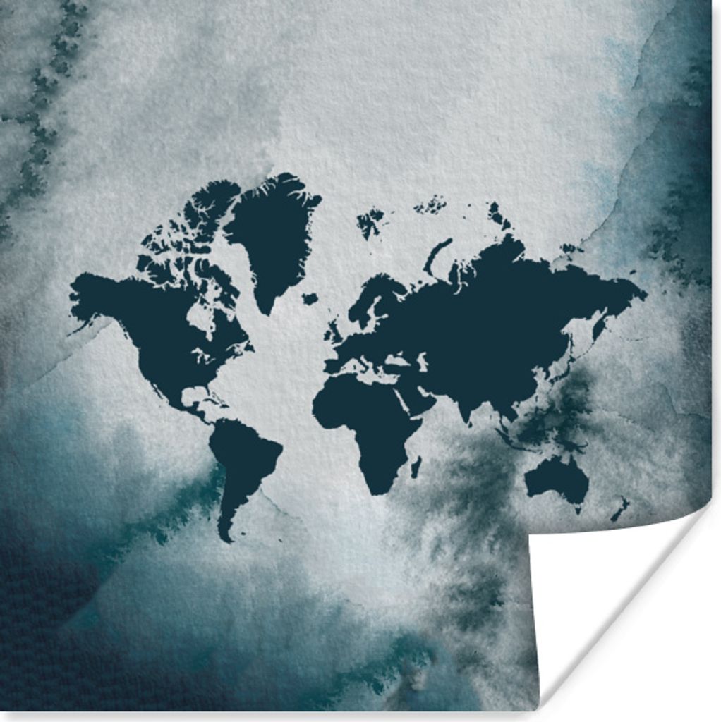 MuchoWow Poster Weltkarte - Aquarell - Blau 30x30 cm - Wandposter - Printing