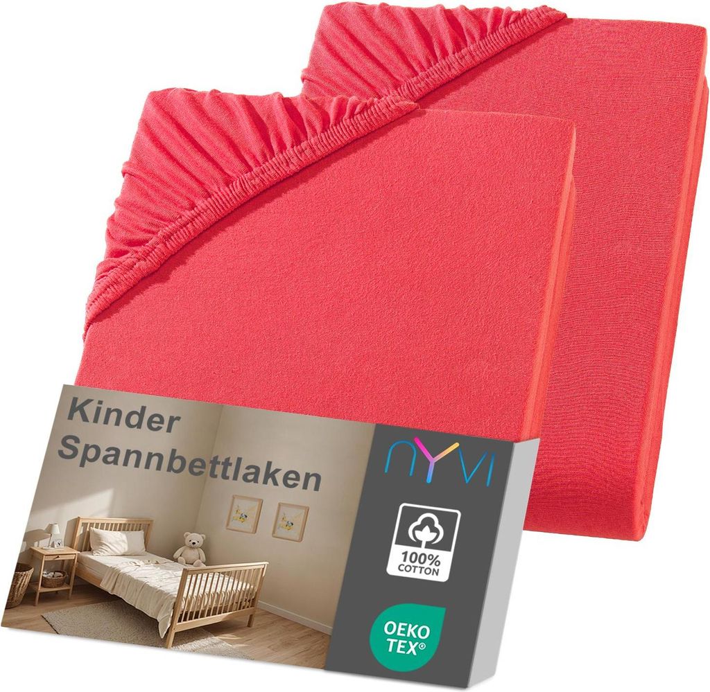 NYVI Kinder Spannbettlaken Junior 70x140 cm rot 2er Set für Kinderbettmatratzen bis 12cm Höhe - Weich & Anschmiegsam, Rundumgummizug, Bügelfrei