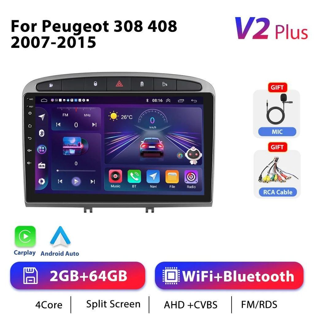Für Peugeot 307 2012 - 2-DIN Android Autoradio - 22,9 cm Touchscreen - CarPlay - 2GB+64GB - Android 10 - 1,5 GHz - 4×45 W