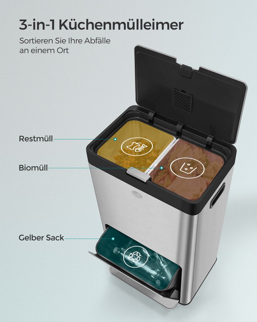 SONGMICS Mülleimer Küche, 60L Mülltrennsystem 3 Fächer Produktbild 3
