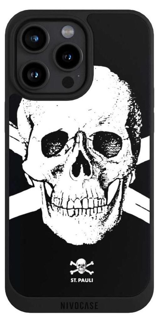 NIVOCASE Handyhülle für Apple iPhone 15 Pro Max Hülle NIVOpure Case Schwarz FC St. Pauli Offizielles Lizenzprodukt Totenkopf