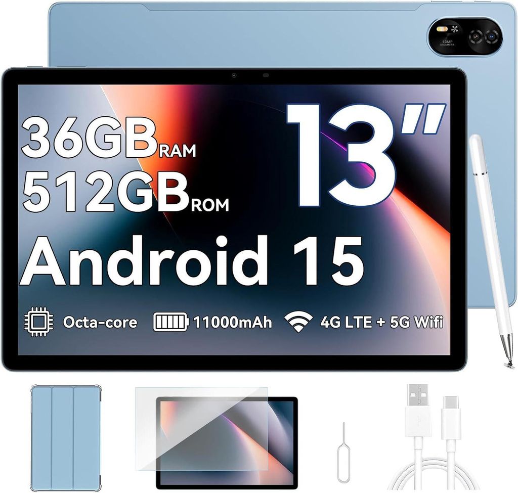 Blackview Tablet Mega8, 13 Zoll, 2K FHD, Dual 4G LTE+5G WiFi, mit 36GB(12+24) RAM+ 512 GB ROM(2TB TF), 11000mAh, Android 15, Octa Core T620, AI tablet
