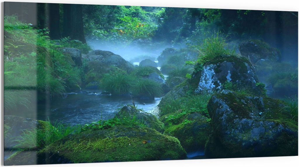 DEQORI Glasbild Echtglas 100x50 cm 'Wasserquelle im Wald' Wandbild Bild modern Deko