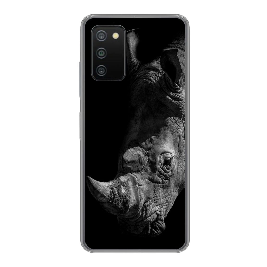 MuchoWow Handyhülle Schutzhülle Hülle für Samsung Galaxy A03s Nahaufnahme eines Nashorns auf schwarzem Hintergrund Silikon Softcase Handy Hü...