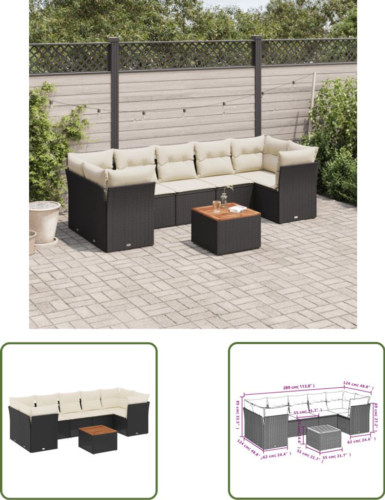 The Living Store 8-tlg. Garten-Sofagarnitur mit Kissen Schwarz Poly Rattan