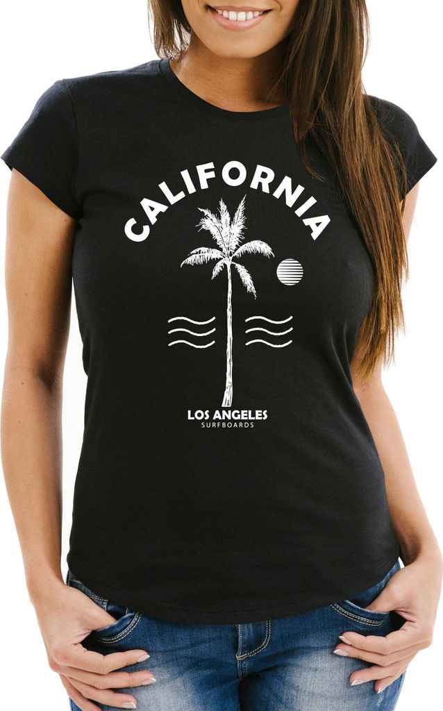 Sommer Damen T-Shirt Herren Retro Design Palme Meer Sonne Neverless schwarz XL