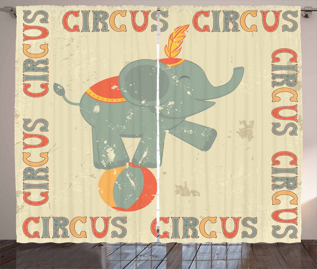 ABAKUHAUS Zirkus Rustikaler Vorhang, Retro Print Elefant, Wohnzimmer Universalband Gardinen mit Schlaufen und Haken, 280 x 225 cm, Mehrfarbig