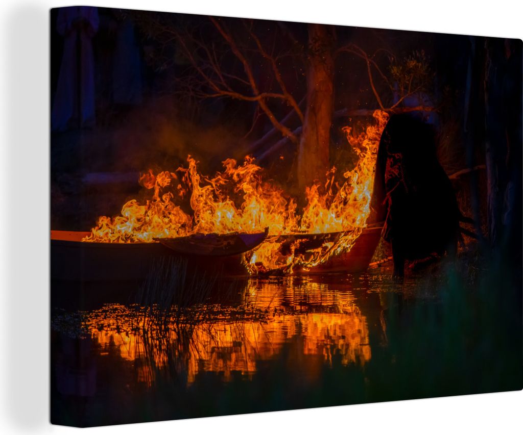 OneMillionCanvasses - Leinwandbilder - 150x100 cm, Brennendes Wikingerschiff, Wandbilder Kunstdruck Wanddekoration