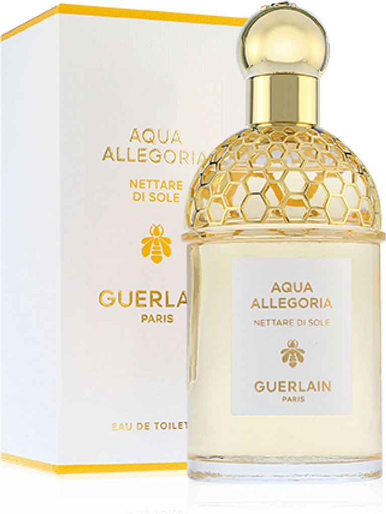 A bottle of Guerlain Aqua Allegoria Nettari Di Sole Eau de Toilette and its packaging are displayed against a white background.