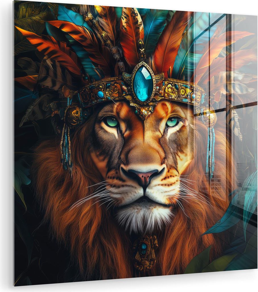 MuchoWow Glasbilder - Bilder auf Wandbild - Foto auf Glas Löwe - Blätter - Dschungel - Federn 90x90 cm Wanddekoration aus Glas - Acrylglasbild - ...
