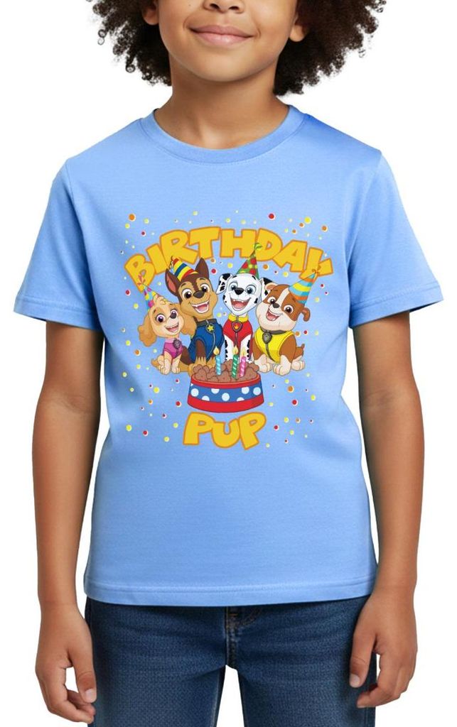 Spreadshirt Paw Patrol 'Birthday Pup' Geburtstags-Design Kinder T-Shirt, 110/116 (5-6 Jahre), Himmelblau