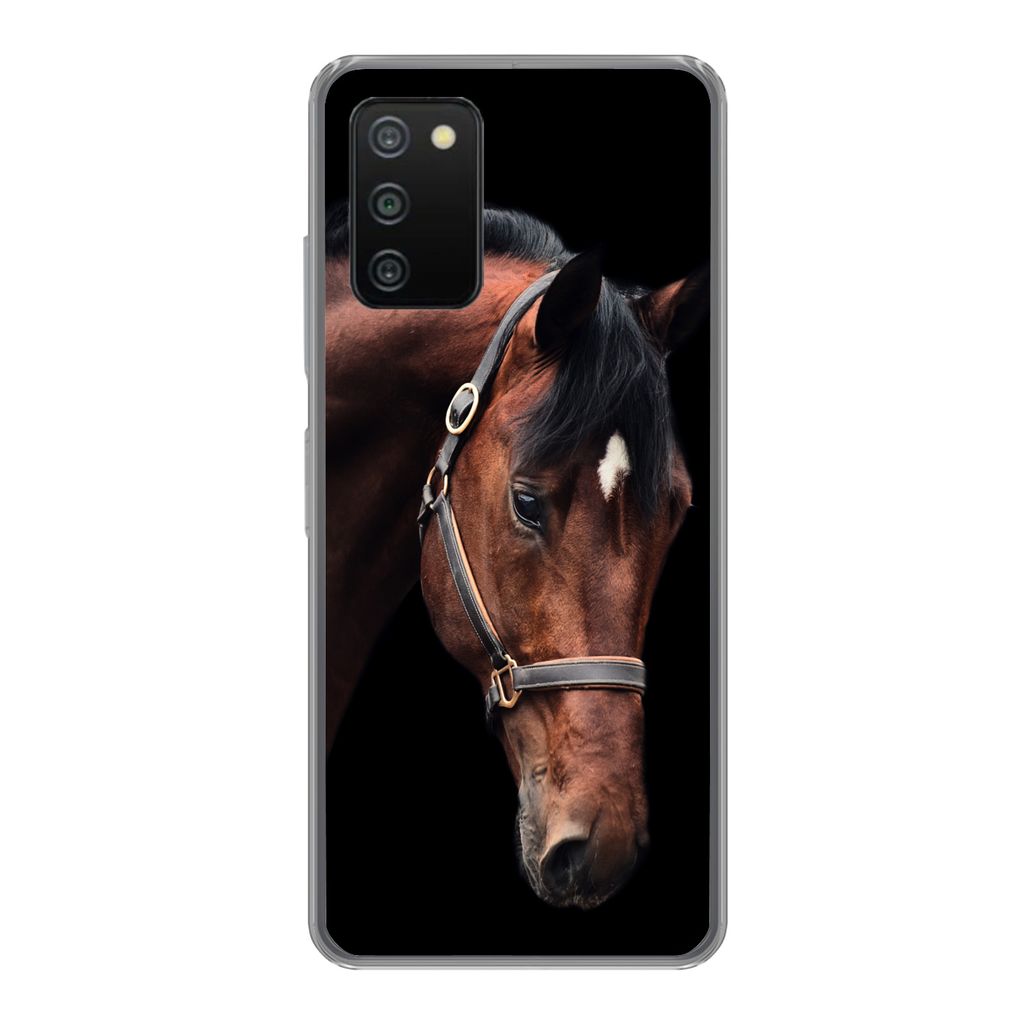 MuchoWow Handyhülle Schutzhülle Hülle für Samsung Galaxy A03s Pferd - Halfter - Braun Silikon Softcase Handy Hülle - Schutz