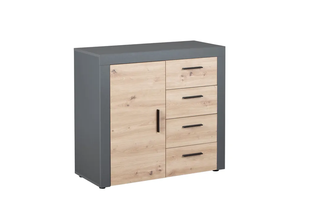Commode 4 tiroirs imitation Chêne Artisanal et Anthracite Corbeto