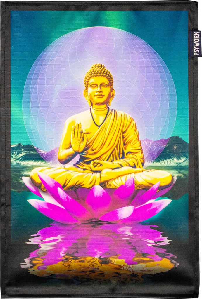 PSYWORK Schwarzlicht Stoffposter Neon "Sacred Lotus Buddha", 30x45cm