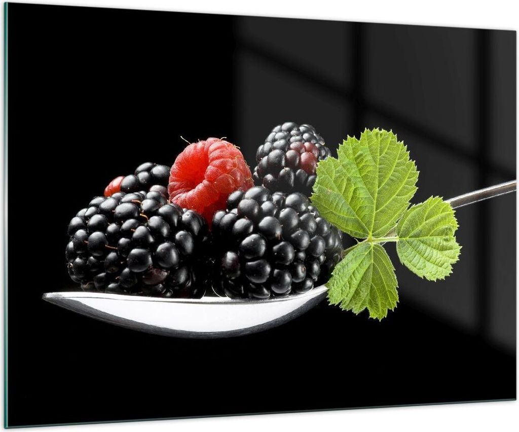 Bilder auf glas - Löffel Himbeere Brombeere Frucht - 100x70cm - Glasbilder - Wandbilder - Kunstdruck - zum Aufhängen bereit - Wanddekoration aus ...