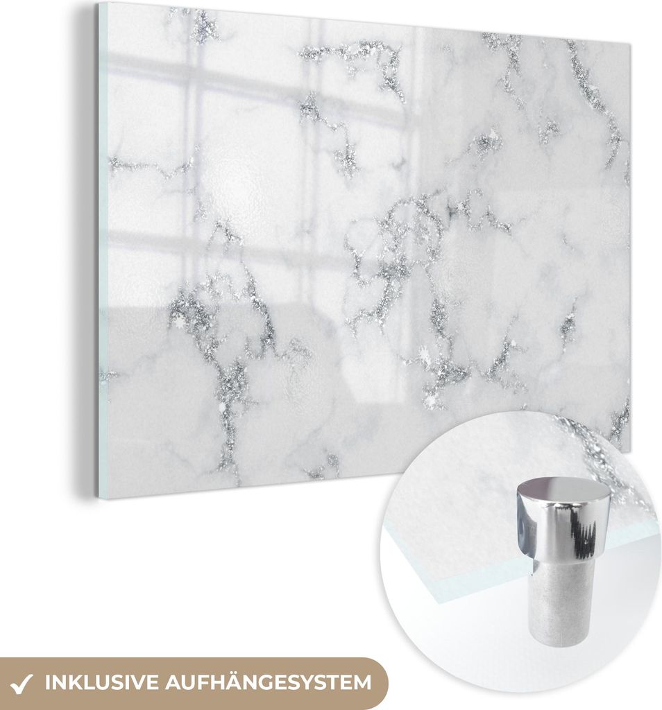 MuchoWow Glasbilder - Bilder auf Wandbild - Foto auf Glas Marmor - Weiß - Silber - Glitter - Marmoroptik - Chic 90x60 cm Wanddekoration aus Glas -...